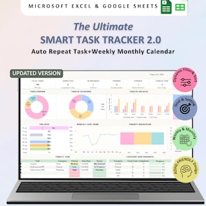 Peut inclure: Un tableau de bord numérique de suivi des tâches affiché sur un écran d'ordinateur portable intitulé The Ultimate SMART TASK TRACKER 2.0. L'interface comprend des graphiques circulaires, des barres, une ligne de tendance et une liste de tâches.