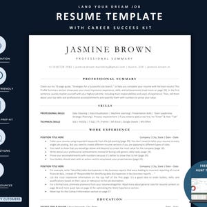 Puede incluir: Una plantilla de currículum blanca con texto negro titulada Jasmine Brown Professional Summary. El diseño incluye secciones para habilidades, experiencia laboral y educación. Una barra lateral presenta iconos para automatización de IA, compatibilidad ATS, preparación de entrevistas y recursos adicionales.