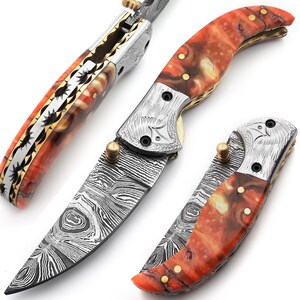 Handmade Damascus Steel Folding Blade Knife (Damascus Steel Handle)