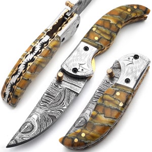 Handmade Damascus Steel Folding Blade Knife (Damascus Steel Handle)