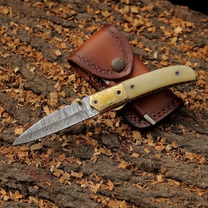 Handmade Damascus Steel Folding Blade Knife (Camel Bone  Handle)