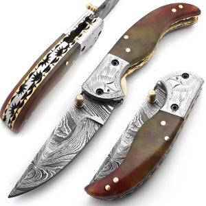 Handmade Damascus Steel Folding Blade Knife (Damascus Steel Handle)