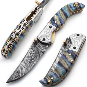 Handmade Damascus Steel Folding Blade Knife (Damascus Steel Handle)