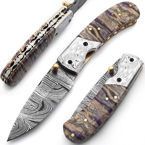Handmade Damascus Steel Folding Blade Knife (Damascus Steel Handle)