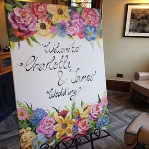 Willkommensschild Zur Hochzeit, handgemaltes Tischbild Hintergrund A1 Leinwand, Blumenmalerei, Blumenhochzeit Papeterie