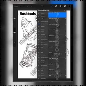 May include: A digital art program screen displaying a list of brush tools with names such as "Cobra Side Profile", "Chief Skull", "Sacred Heart", and "Enter The Dragon". The screen also shows a black and white illustration of a pair of hands in prayer and an hourglass.