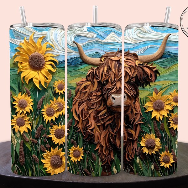 Rustic Highland Cow & Sunflowers Tumbler Graphic, Hand-Painted Effect Digital Design, 20oz Drinkware Customization, Country Chic Gift Idea