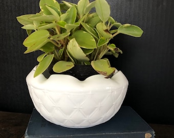 Vintage witglazen rozenkom, Diamond Starburst-plantenbak, 15 cm