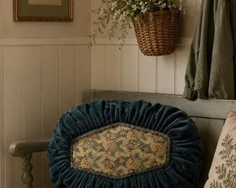 Antique Gathered Velvet Pillow | Victorian Floral Tapestry Cushion | English Cottage Style