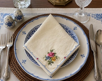 Set of 12 Vintage Embroidered Linen Napkins | Hand Embroidered Floral Dinner Napkins | Cottagecore Table Decor | Blue Trim Tea Party Linens