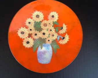 Vintage MCM Orange Sunflower Enamel Over Copper Decorative Plate Signed Paul Alexander