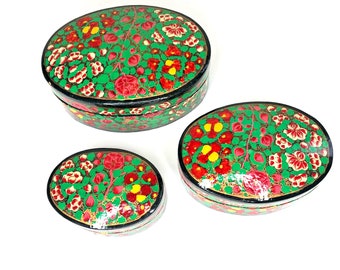 Vintage Decorative Boxes Paper Mache Lacquer Trinket Nesting Boxes Bright Floral Set 3