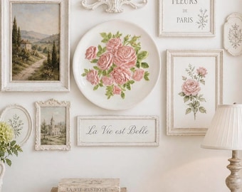 Vintage Pink Rose Plate | Raised Relief Floral Wall Decor, French Country Cottage Art