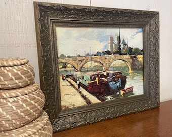 Vintage Maurice Martin 'Barges on the Seine' Framed Art