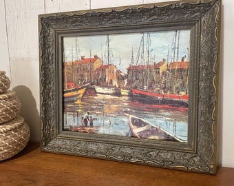 Vintage Framed Boat Harbor Art Print, Maurice Martin Style