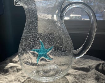 Glass Handblown Starfish 64 oz. Bubble Glads pitcher with Handle