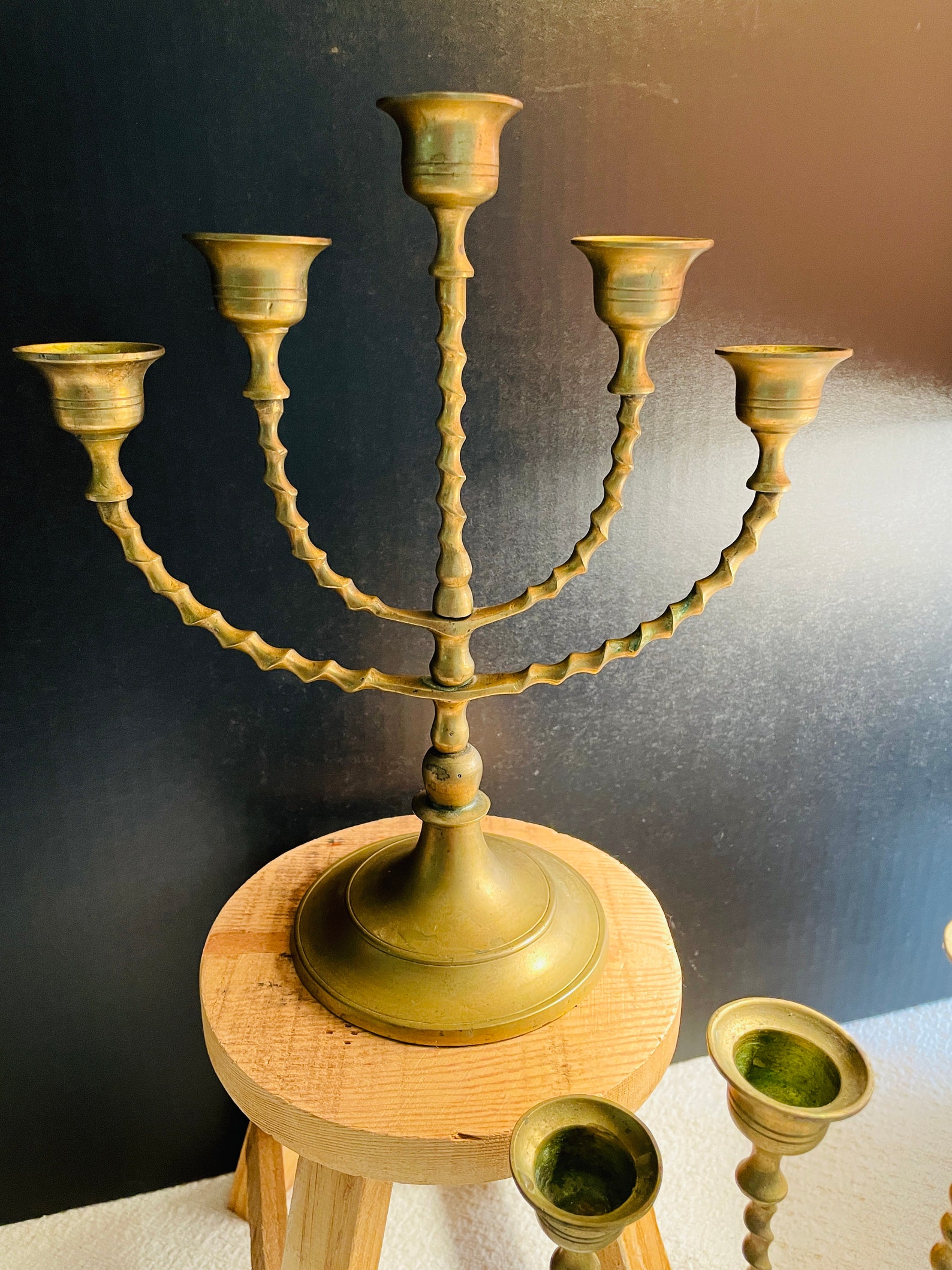 Antique Brass Candelabra Set of 2 Twisted Brass With 5 Holders Each