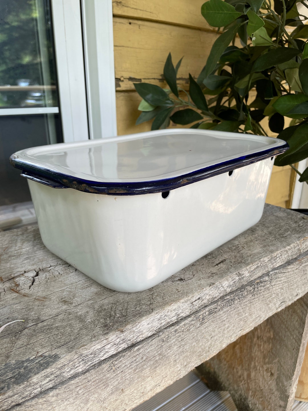 Vintage Enamel Pan With Lid ,12x8x4 Lidded Refrigerator Dish, White and