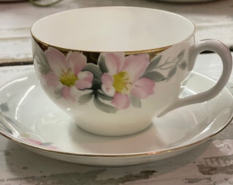 Antique Nippon Noritake Tea Cup and Saucer Set, Hand Painted Azalea Pattern