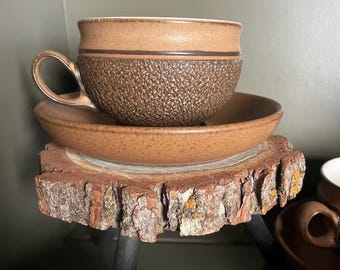 Vintage Denby "Cotswold" Brown Textured Cups and Saucers Set of 4