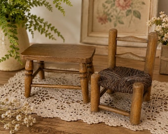 Miniature Primitive Wooden Table and Chair Set, Doll Furniture