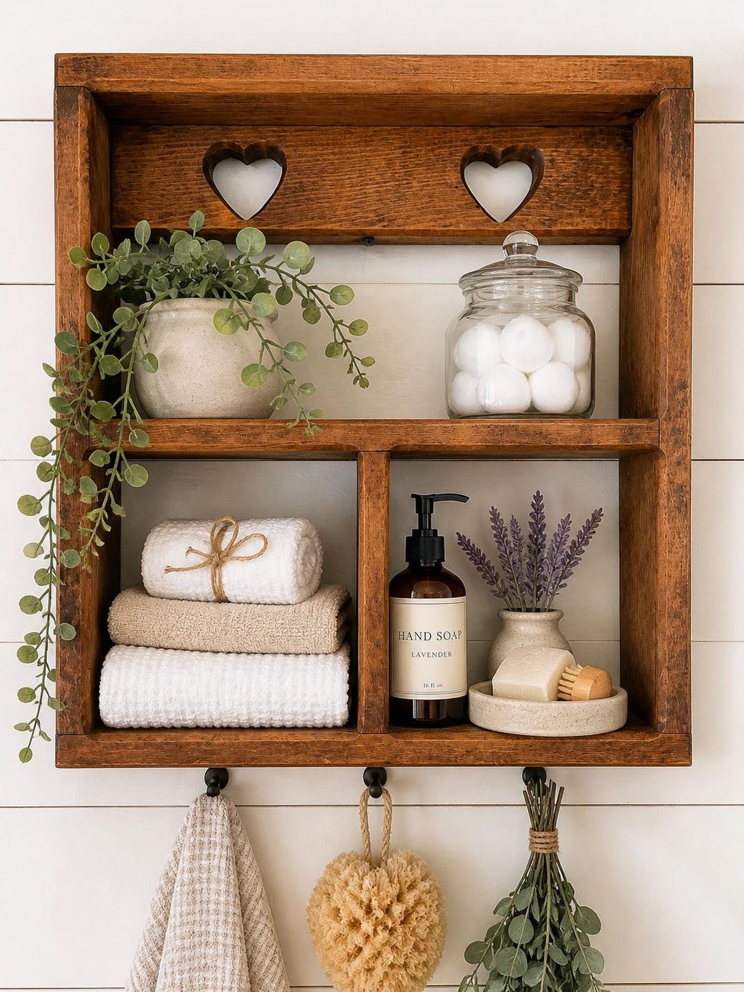 Vintage Wood Wall Shelf | Heart Cutout Farmhouse Organizer, Cottage Style Display