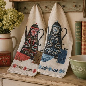 Vintage Persian Linen Tea Towels Set of 2 | Scandinavian Coffee Pot Towels | Mid Century Kitchen Linens | 1960s Folk Art Tea Towels