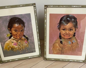 Dorothy Oxborough Framed Prints First Nations Children Set of 2 Signed