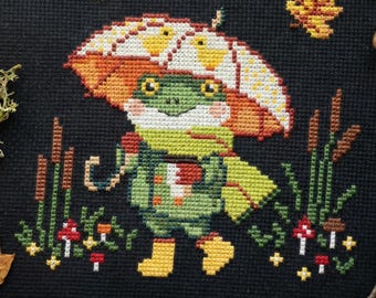 Fall toad cross stitch pattern PDF - cute funny easy small kawaii frog cozy autumn simple animal embroidery cs37