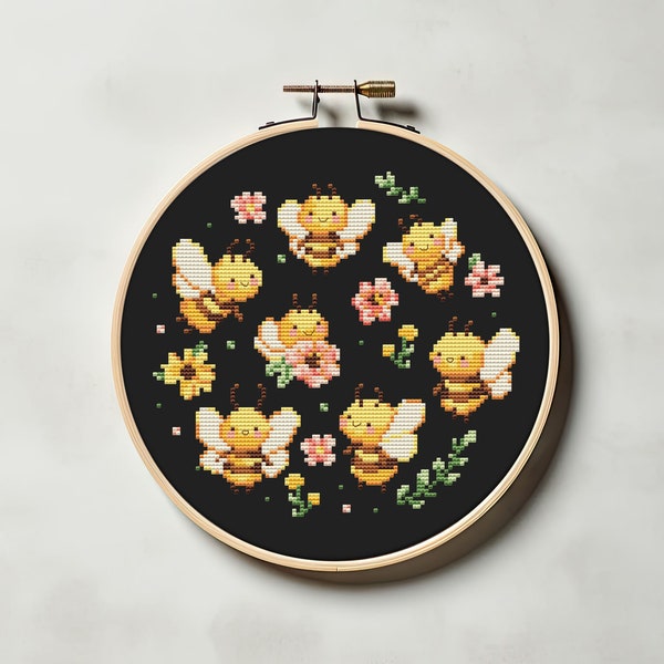 Flower bees cross stitch pattern PDF - insect cute kawaii floral easy modern simple bumblebee summer spring cs57