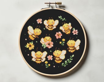 Flower bees cross stitch pattern PDF - insect cute kawaii floral easy modern simple bumblebee summer spring cs57