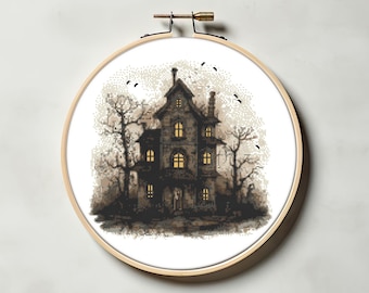 Creepy house cross stitch pattern PDF - gothic occult spooky horror dark halloween haunted house haunted mansion big cs11