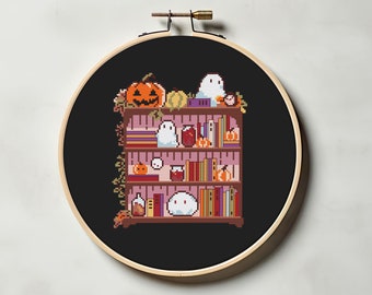 Occult bookshelf cross stitch pattern PDF - nerdy kawaii cute funny halloween ghost pumpkin witch spooky creepy cs40