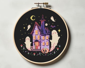 Halloween creepy house cross stitch pattern PDF - funny haunted house simple spooky ghost autumn gothic fairytale anime fall cs42