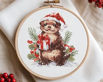Christmas otter cross stitch pattern PDF - cute animal santa christmas gift winter otter lover gift kawaii modern funny cs45