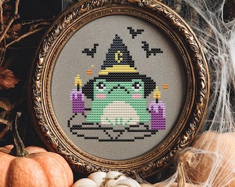 Occult frog cross stitch pattern PDF - cute toad halloween kawaii spooky witchy small modern funny easy cs18