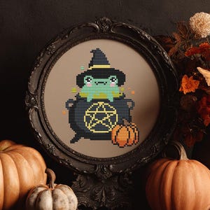 Witch frog cross stitch pattern PDF - cute funny easy small quick halloween autumn frog witch kawaii pumpkin magic cs17