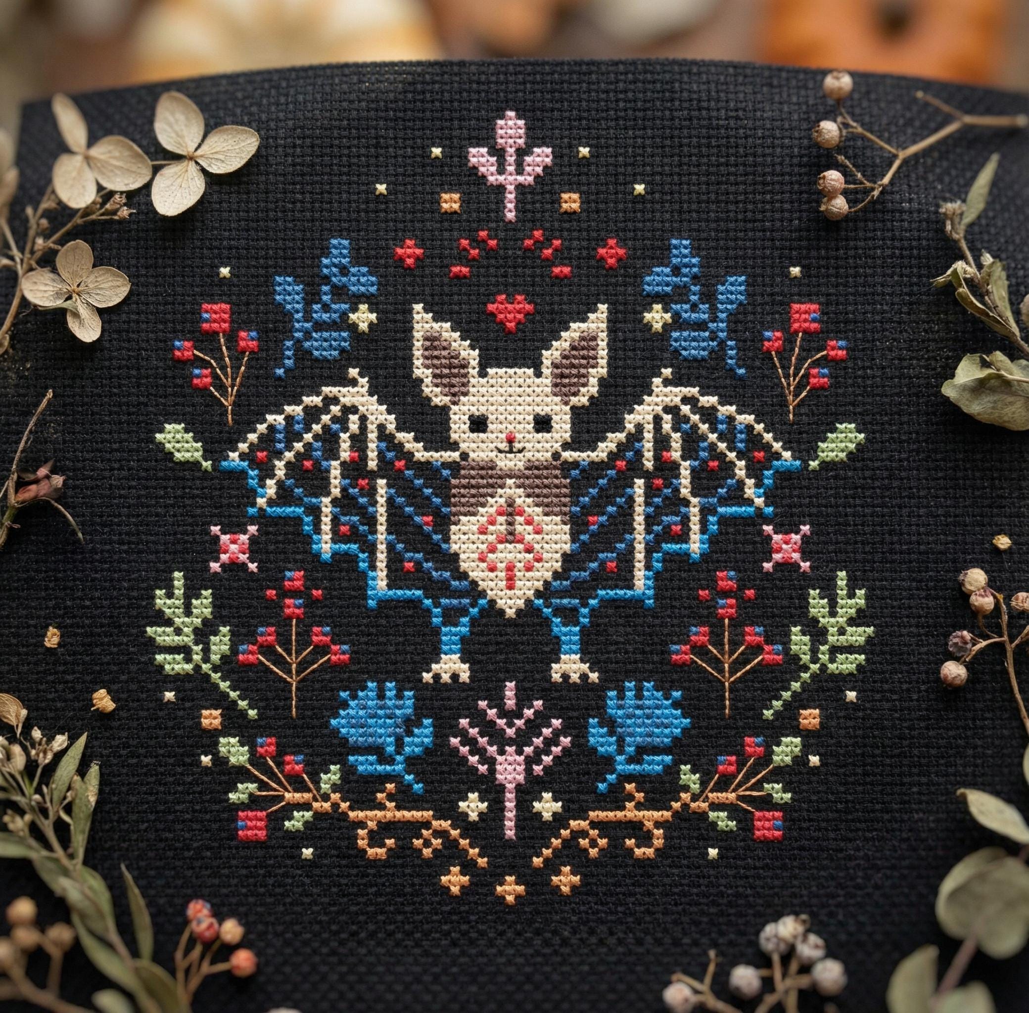 Floral Bat Cross Stitch Pattern PDF | Gothic Halloween Embroidery PDF ...