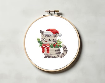 Chat de Noël motif point de croix PDF - joyeux Noël hiver animal facile mignon vacances drôle petit mini cs46