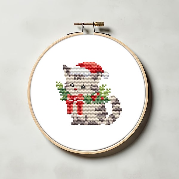 Christmas cat cross stitch pattern PDF - merry christmas winter animal easy cute holiday funny small mini cs46