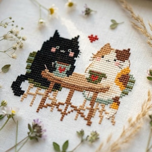 Cute Kawaii Cats Cross Stitch Pattern – Cozy Coffee Love PDF – cs103