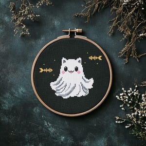 Cat ghost cross stitch pattern PDF - cute funny easy small halloween witch fall autumn spooky kawaii cs25