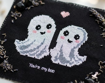 You're My Boo Cross Stitch Pattern PDF, Ghost Couple Halloween Love, Small Easy Beginner Design, Instant Download cs26