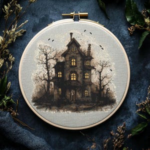 Creepy house cross stitch pattern PDF - gothic occult spooky horror dark halloween haunted house haunted mansion big cs11