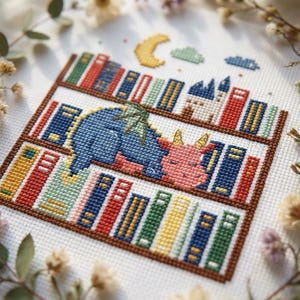 Korsstygnsmönster för sovande drake i PDF-format, broderi av bokälskare, mysig biblioteksdesign, bokhylla med fantasidrake, kawaii drakekonst – cs113