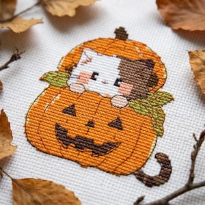 Può includere: Un ricamo a punto croce su tessuto bianco raffigurante un gatto bianco e marrone che spunta dall'interno di una zucca arancione intagliata. La zucca presenta un volto di jack-o'-lantern marrone scuro con occhi triangolari e bocca frastagliata.