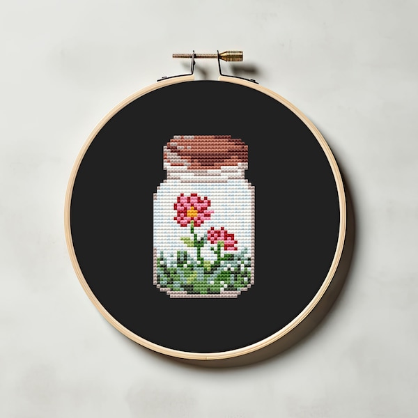 Flower jar cross stitch pattern PDF - mini floral simple bottle witchy easy cute small woodland cottagecore funny  cs56