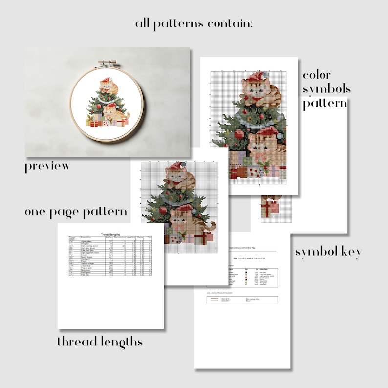 May include: A cross-stitch pattern featuring a Christmas tree with three cats wearing Santa hats, surrounded by presents. The image includes a preview, one-page pattern, thread lengths, color symbols pattern, and symbol key. Text on the image reads: "all patterns contain:" and "preview".