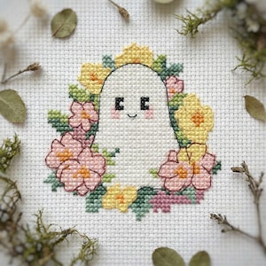 Mini Gespenst Blumen Kreuzstichmuster PDF - einfache einfache Sommer Blume niedlichen kleinen Halloween Geist cs63