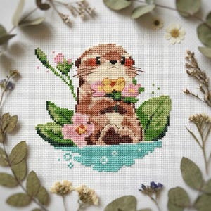 Schema punto croce lontra fiore PDF - facile, carino, regalo per gli amanti della lontra, kawaii, moderno, divertente, piccola lontra marina, fiore estivo - cs14